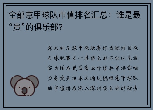 全部意甲球队市值排名汇总：谁是最“贵”的俱乐部？