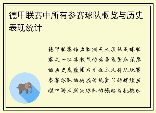 德甲联赛中所有参赛球队概览与历史表现统计